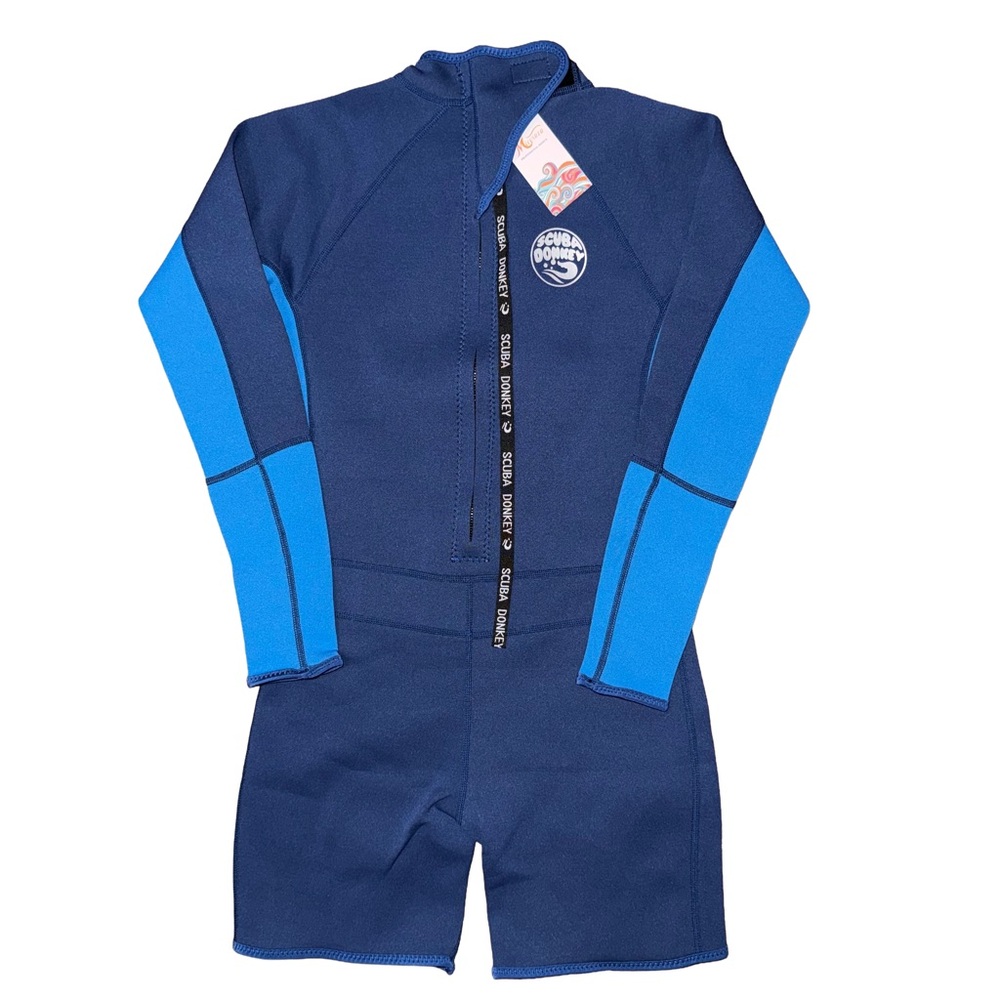 NWT Scuba Donkey Hisea Navy Long Sleeve Neoprene Front Zip Wetsuit Swim Shorts